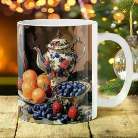 1pc Festive 11oz Ceramic Mug with Christmas Tea Pot and Fruit Design, Durable, Dishwasher & Microwave Safe, Perfect