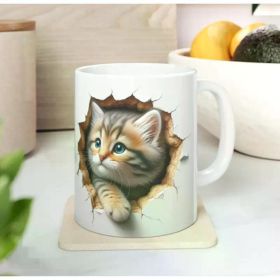 11oz Ceramic Coffee Mug with 3D Peekaboo Kitten Design - Cute Cat Illusion Tea Cup, Insulated,