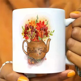Hello Fall" Ceramic Coffee Mug - 11oz, Dual-Sided Autumn Teapot Design with Colorful Foliage, Insulated, Dishwasher