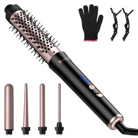 5 in 1 Curling Wand Hair Curling Iron Brush Anti-Tangle Hair Thermal Brush Curler with 4 Heating Levels 360° Rotatable Cable 5 Interchangeable Barrels