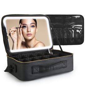 Travel Makeup Bag with LED Mirror Makeup Case Organizer with 3 Light Colors Adjustable Dividers Brush Holder Magnifying Mirror Shoulder Strap Luggage (Option: Professional Skin care: L_Black)