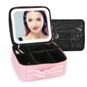 Travel Makeup Bag with LED Mirror Makeup Case Organizer with 3 Light Colors Adjustable Dividers Brush Holder Magnifying Mirror Dimmable USB Rechargeab (Option: Professional Skin care: S_Pink)