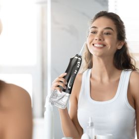 Portable Water Dental Flosser Cordless Rechargeable Dental Oral Irrigator IPX7 Waterproof Teeth Cleaner with 5 Modes 5 Nozzles 10.14oz Detachable Wate (Option: Professional Skin care: Black)