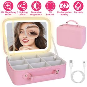 Travel Makeup Bag With 3 Light Colors Dimmable Brightness LED Mirror Detachable 10X Magnifying Mirror Adjustable Dividers Portable Waterproof Cosmetic (Option: Professional Skin care: Pink)
