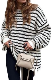 2023 Fall Winter Women's Oversized Long Sleeve Striped Sweater Casual Crewneck Side Split Pullover Knit Tops (Color: Beige White, size: small)