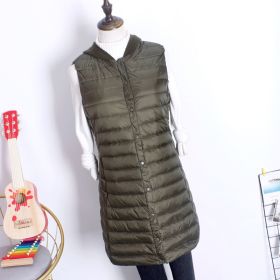 Hooded Women's Down Vest Long Coat Slim Fashion Ultra Light White Duck Down Waistcoat Female Fashion Winter Ladies Jacket Vests (Color: Army Green, size: XL)
