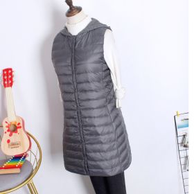 Hooded Women's Down Vest Long Coat Slim Fashion Ultra Light White Duck Down Waistcoat Female Fashion Winter Ladies Jacket Vests (Color: Gray, size: XXL)