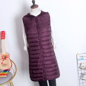 Hooded Women's Down Vest Long Coat Slim Fashion Ultra Light White Duck Down Waistcoat Female Fashion Winter Ladies Jacket Vests (Color: Purple, size: L)