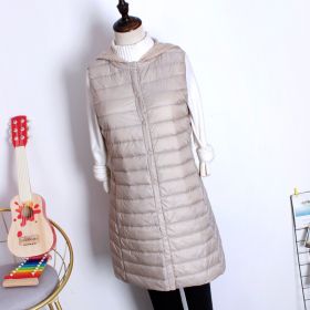 Hooded Women's Down Vest Long Coat Slim Fashion Ultra Light White Duck Down Waistcoat Female Fashion Winter Ladies Jacket Vests (Color: Beige, size: XXL)