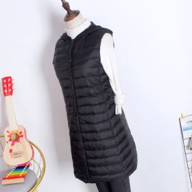 Hooded Women's Down Vest Long Coat Slim Fashion Ultra Light White Duck Down Waistcoat Female Fashion Winter Ladies Jacket Vests (Color: Black, size: XXXL)