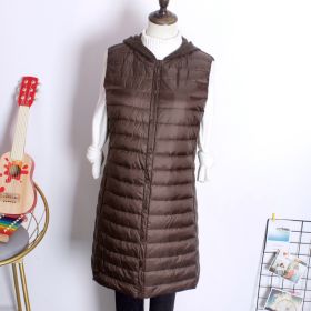 Hooded Women's Down Vest Long Coat Slim Fashion Ultra Light White Duck Down Waistcoat Female Fashion Winter Ladies Jacket Vests (Color: Coffee, size: L)