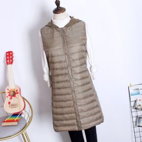Hooded Women's Down Vest Long Coat Slim Fashion Ultra Light White Duck Down Waistcoat Female Fashion Winter Ladies Jacket Vests (Color: Khaki, size: XL)