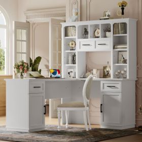 L-Shaped Computer Desk with 2 Cabinets and 2 Drawers, 11 Open Shelves and 1 Right Flip Shelf with Storage, with Power Outlet, for Study (Color: as Pic)