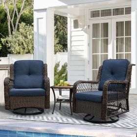 Outdoor Bistro Set 3 Pieces;  Outdoor Resin Wicker Swivel Rocker Patio Chair;  360-Degree Swivel Rocking Chairs and Tempered Glass Top Side Coffe (Color: Blue)
