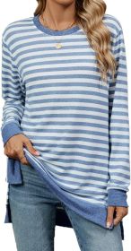 Women's casual striped long sleeved shirt, fashionable round neck slim fit loose basic shirt top (Color: LIGHTBLUE, size: L)