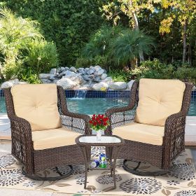 Outdoor Bistro Set 3 Pieces;  Outdoor Resin Wicker Swivel Rocker Patio Chair;  360-Degree Swivel Rocking Chairs and Tempered Glass Top Side Coffe (Color: Khaki)