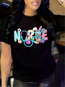 Easter Nurses Pattern T-Shirt for Women Black Short Sleeve Round Neck, Colorful Medical Theme Print, Soft Casual Top, Suitable for Spring and Sum (Color: Black, size: XXL)