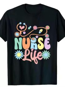 Women's Classic Black Nurse T-Shirt, Short Sleeve, Round Neck for All Seasons, Life, Leisure Style (Color: Black, size: XXL)