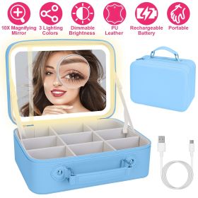 Travel Makeup Bag With 3 Light Colors Dimmable Brightness LED Mirror Detachable 10X Magnifying Mirror Adjustable Dividers Portable Waterproof Cosmetic (Option: Professional Skin care: Blue)